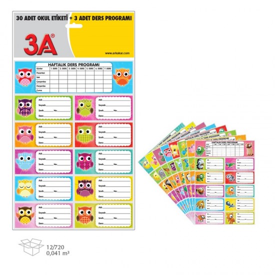 Etichete scolare autoadezive 7,4x3,4cm si orar 15x4,9cm 3 coli x 10+1buc/set, ARK  1372