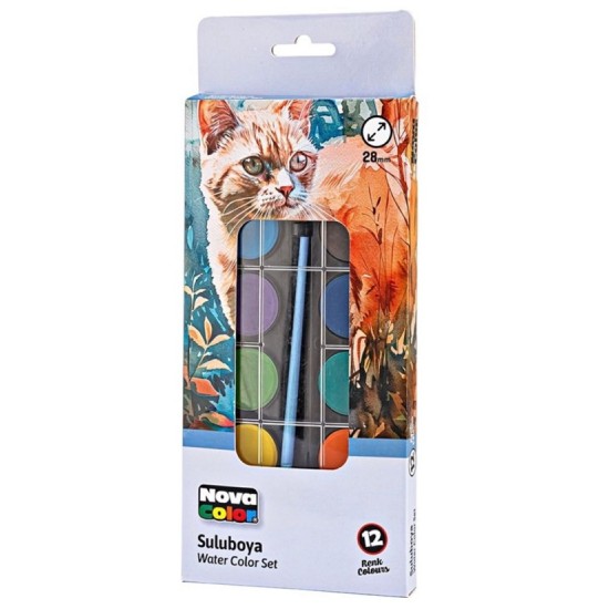 Acuarele 12 culori de 28 mm si pensula , NOVA COLOR