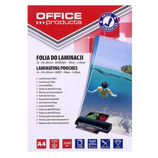 Folie Laminata A4, 80 microni, 100 File transparent, OFFICE PRODUCTS